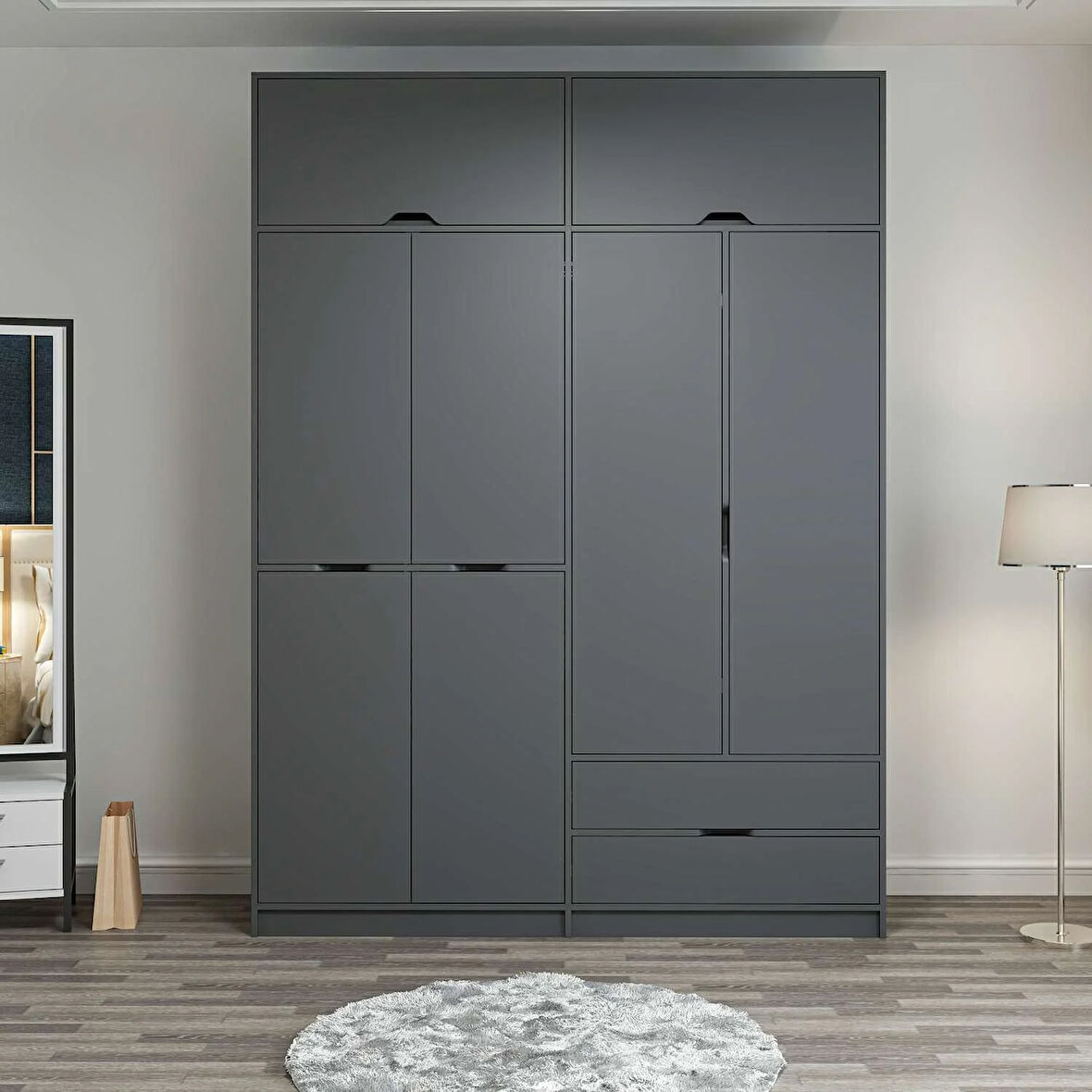 Elina 4 Kapaklı Dolap + Yüklük - Antrasit/Antrasit