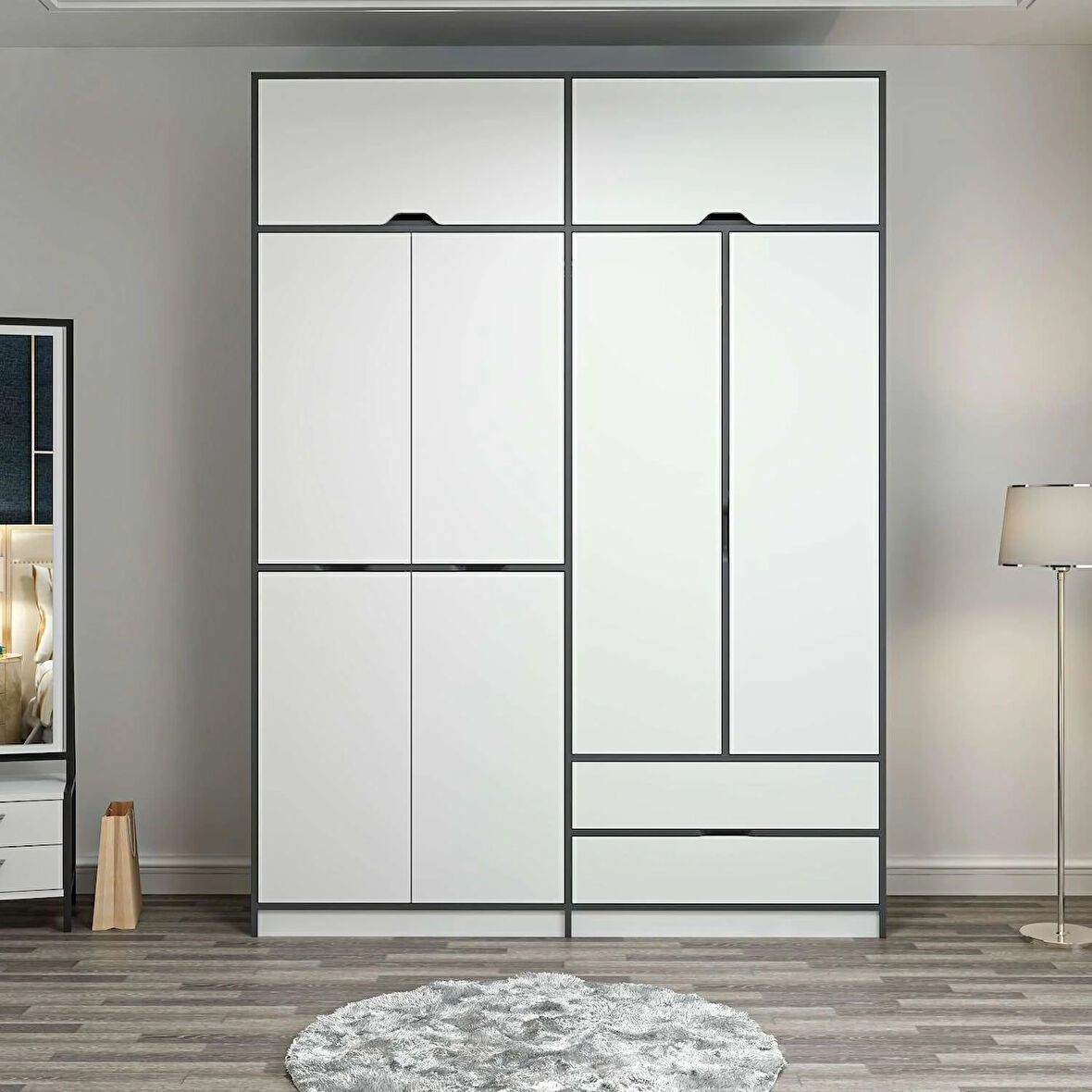 Elina 4 Kapaklı Dolap + Yüklük - Antrasit/Beyaz