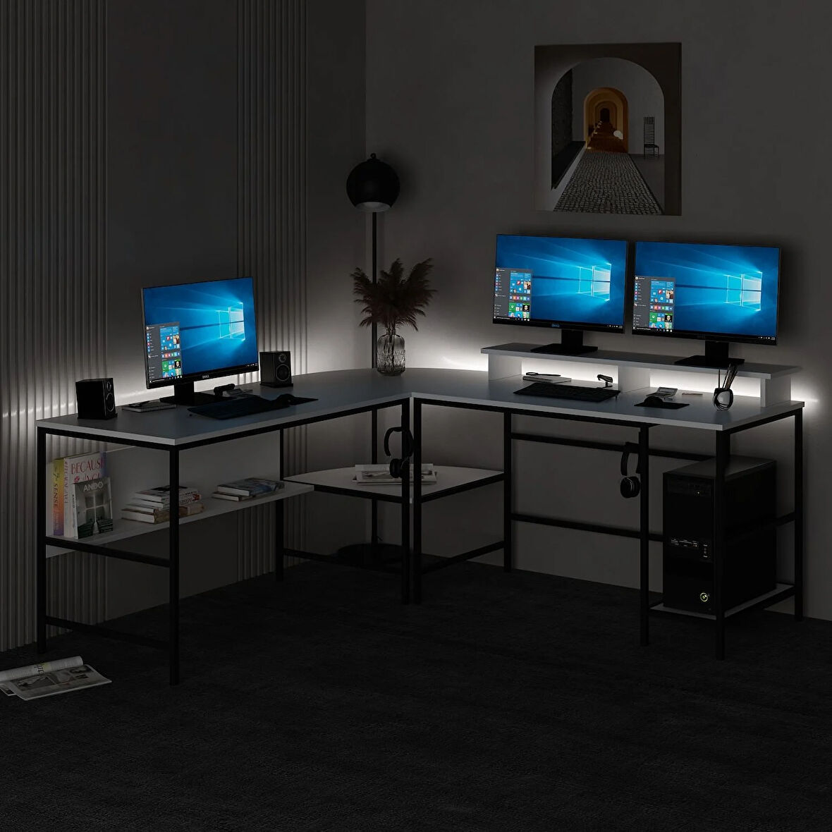 Minar Greta RGB Led Işıklı L Köşe Çalışma Masası - Beyaz