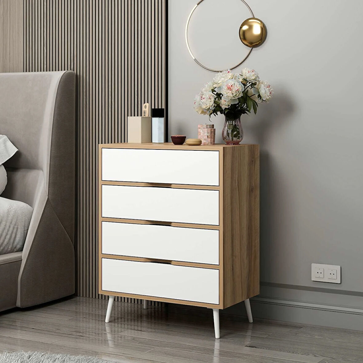 Elina Ayaklı 4 Çekmeceli Şifonyer - Dore/Beyaz
