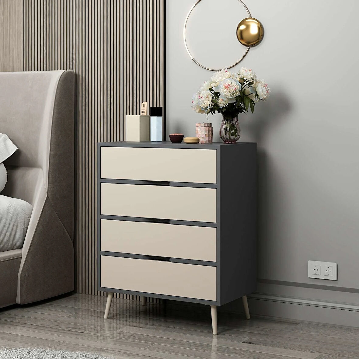 Elina Ayaklı 4 Çekmeceli Şifonyer - Antrasit/Kumtaşı