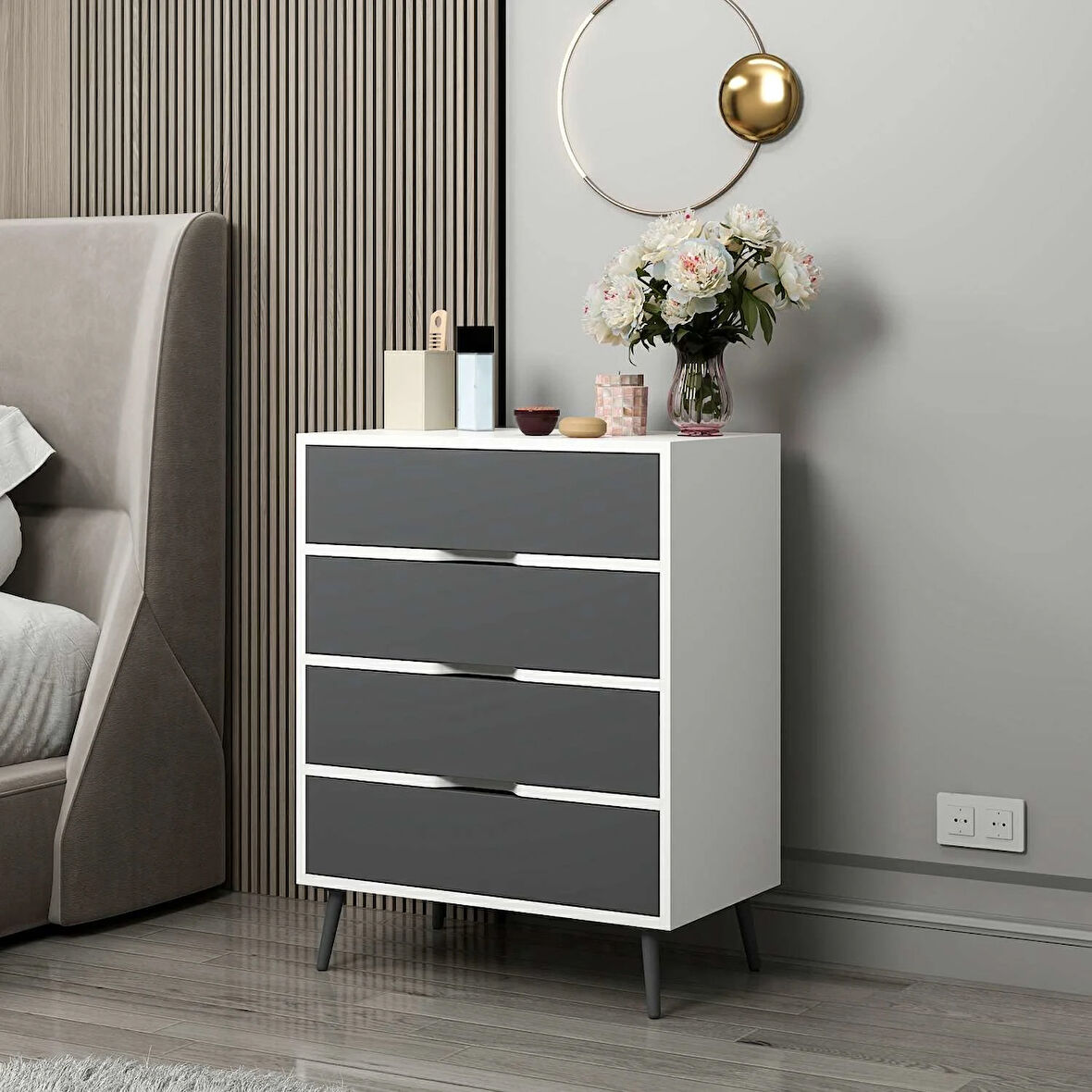 Elina Ayaklı 4 Çekmeceli Şifonyer - Beyaz/Antrasit