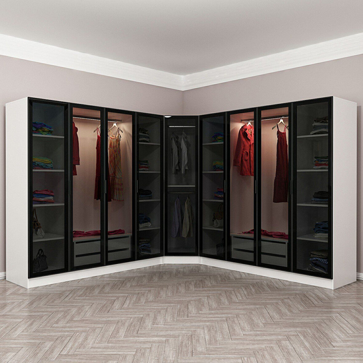 Kale 9 Füme Cam Kapaklı 4Ç Köşe Dolap Beyaz Füme Cam 190CM