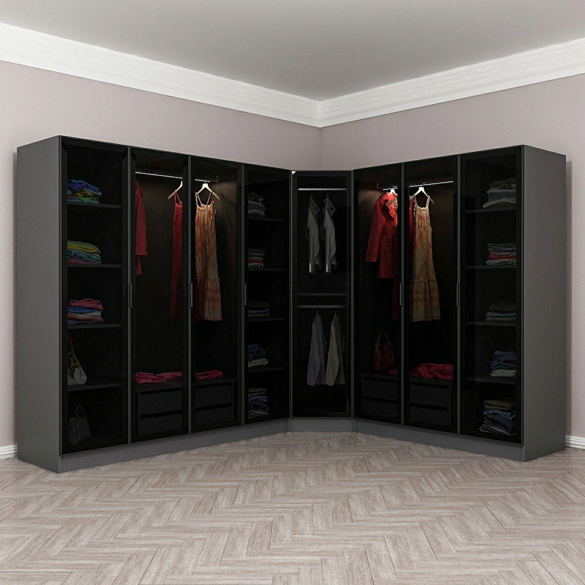 Kale 8 Füme Cam Kapaklı 4Ç Köşe Dolap Antrasit Füme Cam 190CM