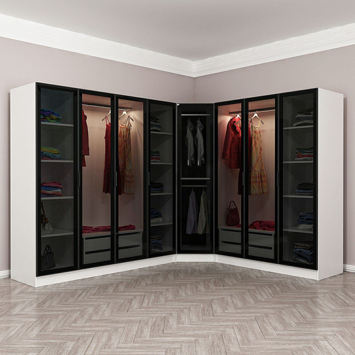 Kale 8 Füme Cam Kapaklı 4Ç Köşe Dolap Beyaz Füme Cam 190CM