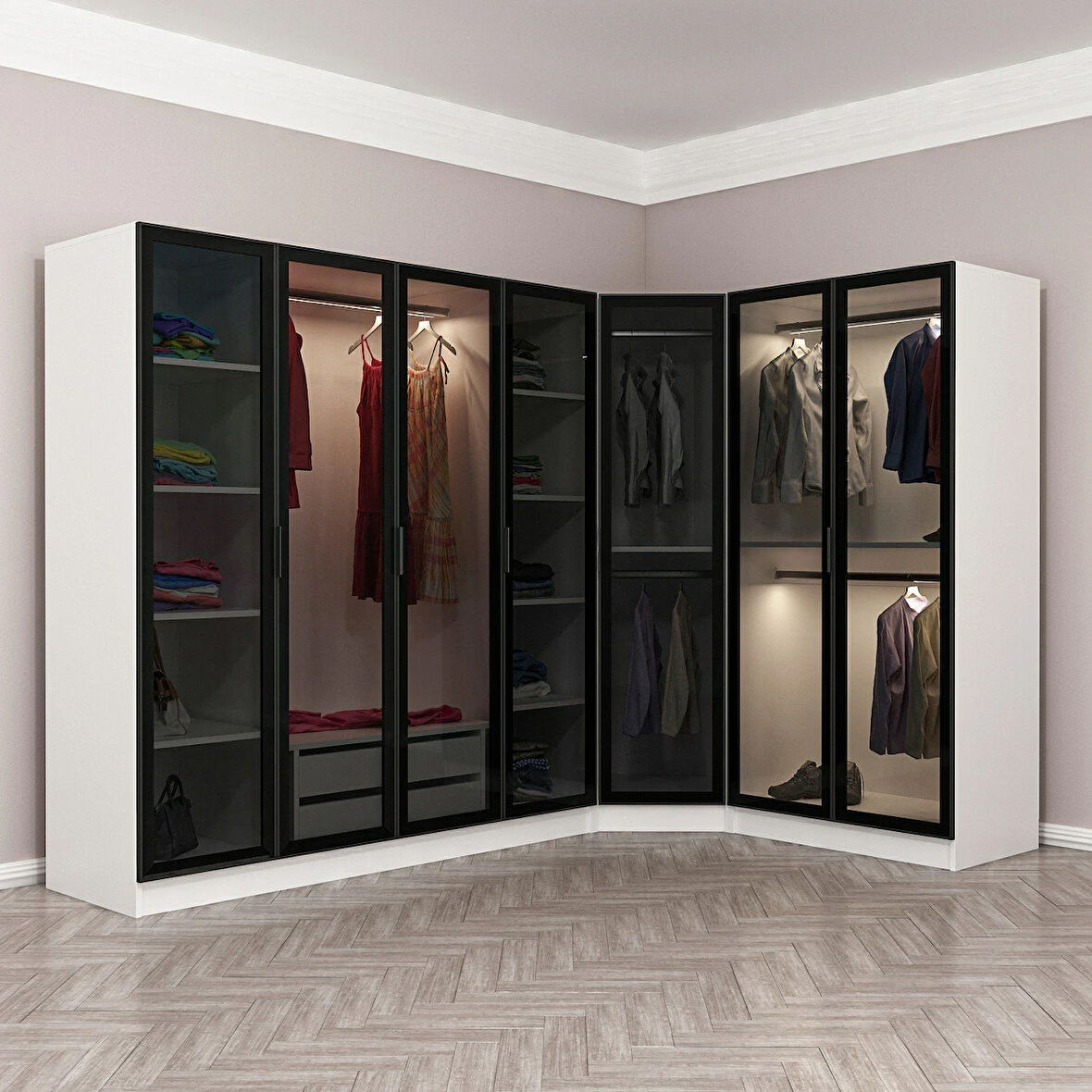 Kale 7 Füme Cam Kapaklı 2Ç Köşe Dolap Beyaz Füme Cam 190CM