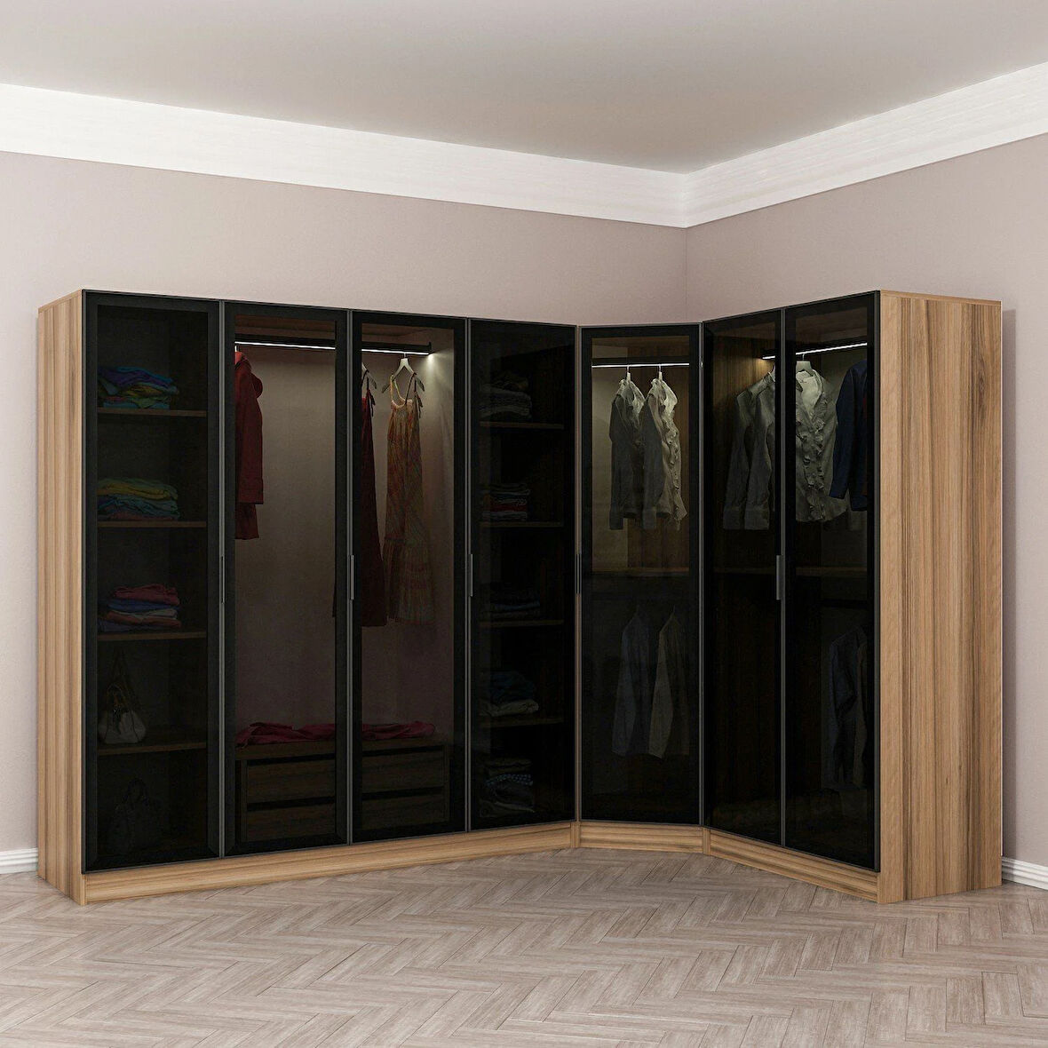 Kale 7 Füme Cam Kapaklı 2Ç Köşe Dolap Dore Füme Cam 190CM