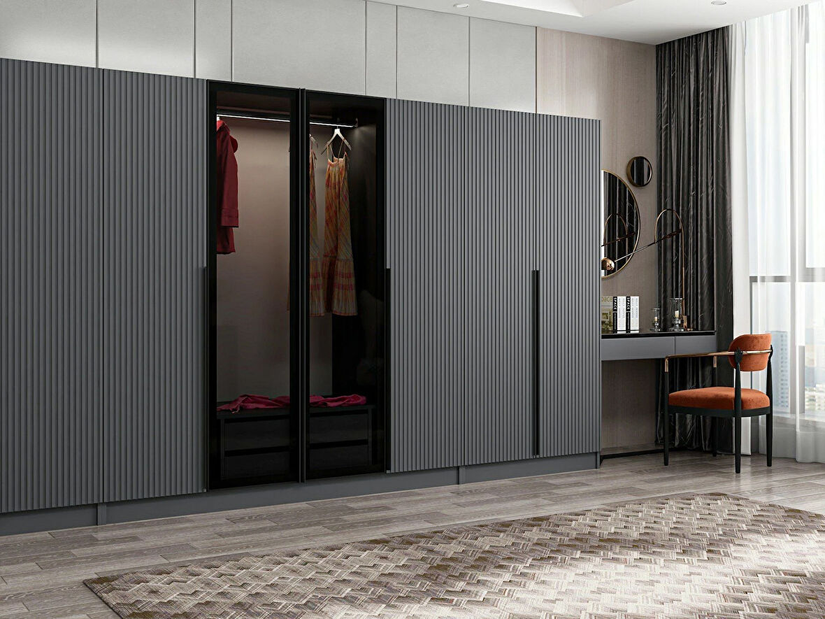 Kale Plus 8 Mebran Kapaklı 2Ç Dolap Antrasit Mebran Füme Cam 190CM