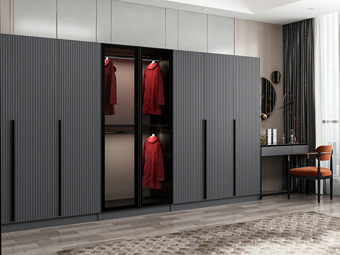 Kale Plus 8 Mebran Kapaklı 4Ç Dolap Antrasit Mebran Füme Cam 190CM