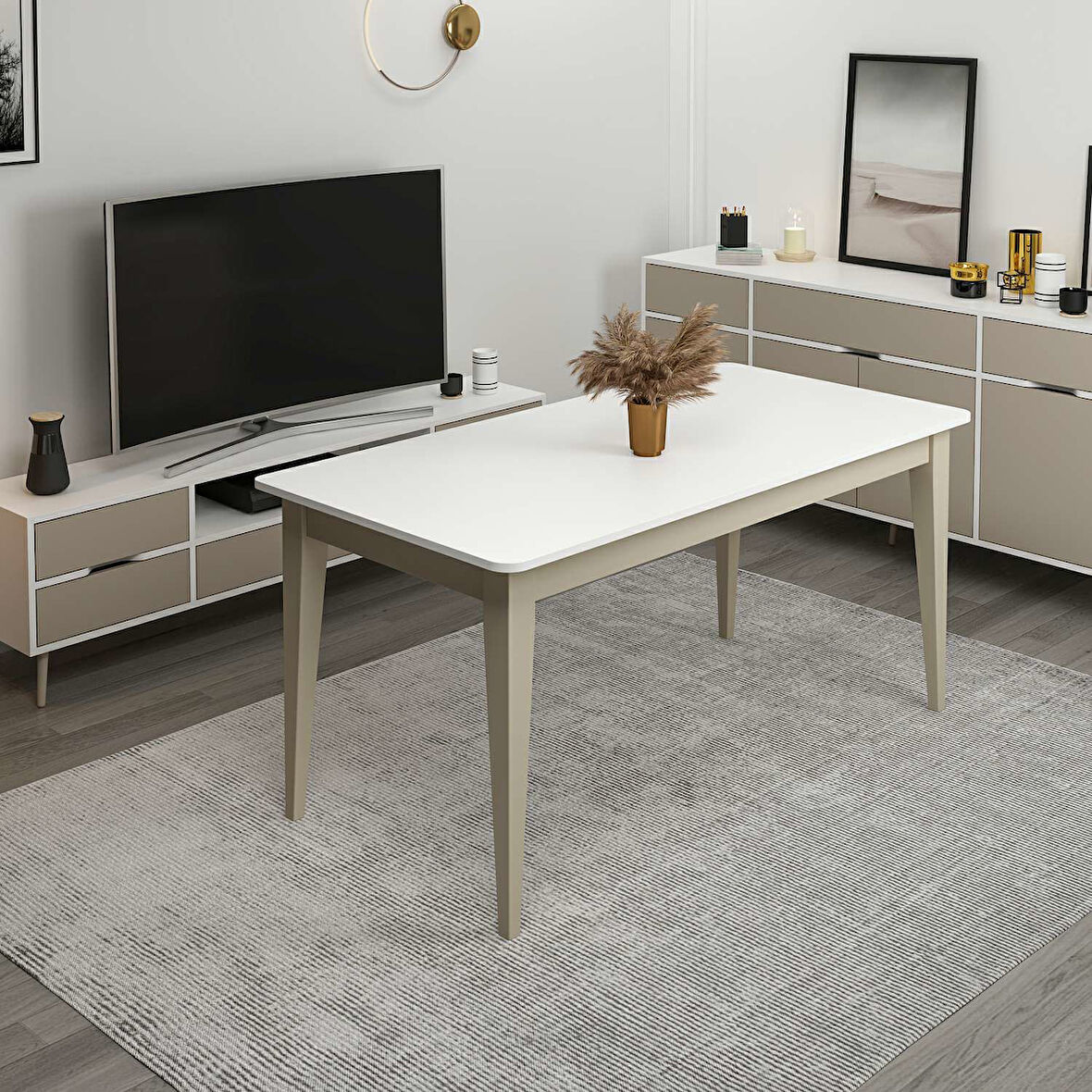 Elina Açılır Yemek Masası - Beyaz/Kumtaşı