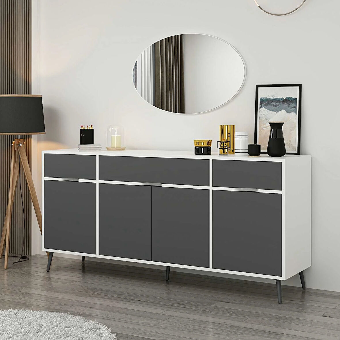 Elina Ayaklı Konsol Aynalı - Beyaz/Antrasit