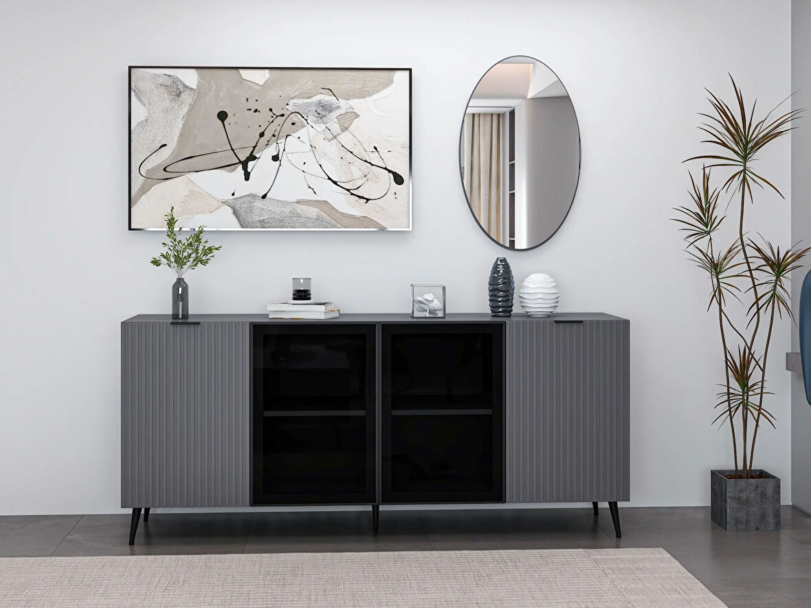 Minar Kale Cam Kapak Aynalı Konsol Plus Antrasit/Antrasit Füme Cam