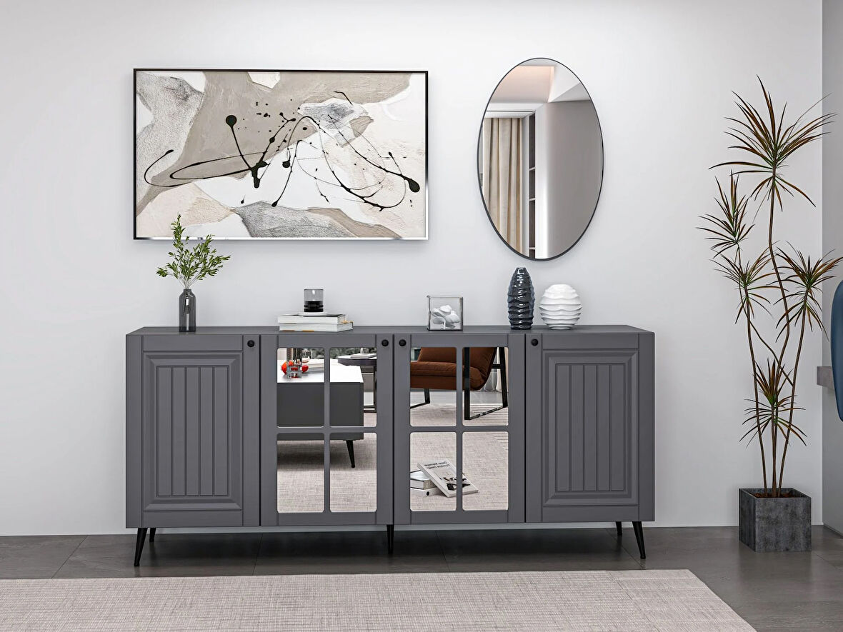 Minar Kale Cam Kapak Aynalı Konsol İlkbahar Antrasit Aynalı Antrasit