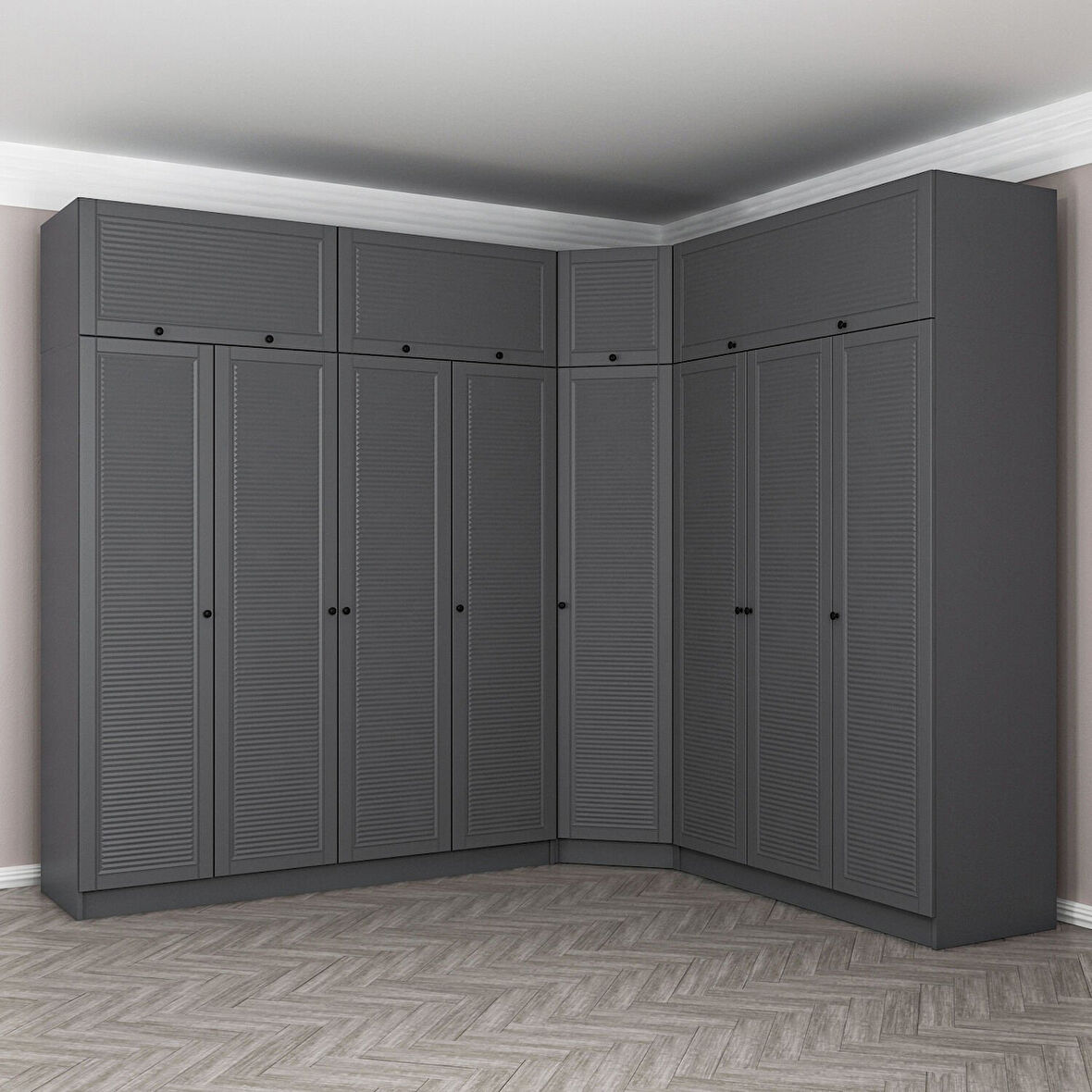 Kale 8 Kapaklı 4 Çekmeceli Köşe Dolap + Yüklük Antrasit Mebran Panjur 235CM