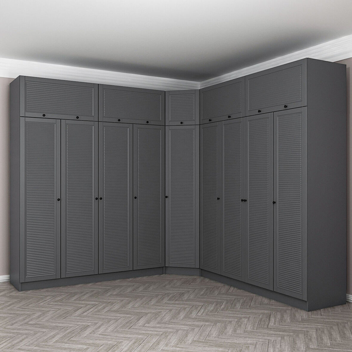 Kale 9 Kapaklı 4 Çekmeceli Köşe Dolap + Yüklük Antrasit Mebran Panjur 235CM