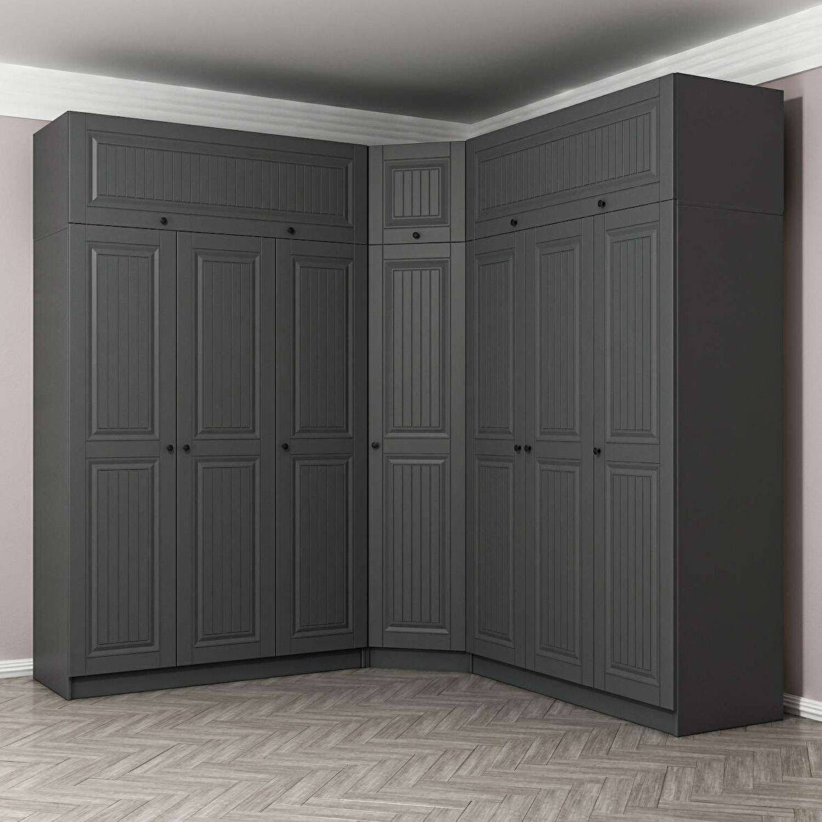 Kale 7 Kapaklı 4 Çekmeceli Köşe Dolap + Yüklük Antrasit Mebran İlkbahar 235CM