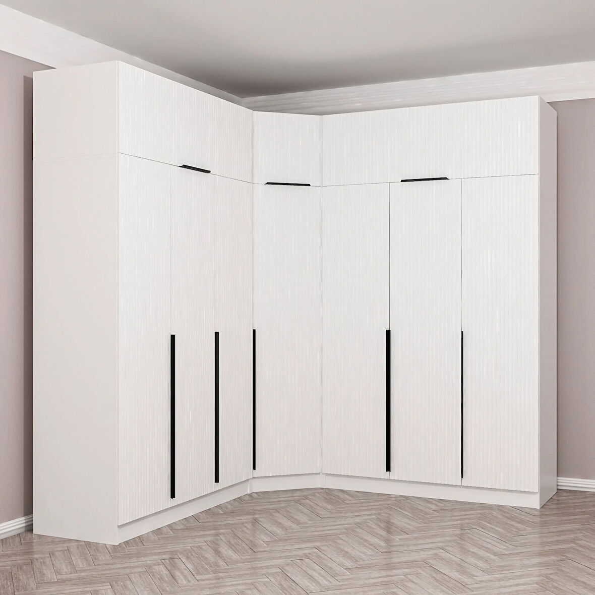 Kaleplus 7 Kapaklı 4 Çekmeceli Köşe Dolap + Yüklük Beyaz Mebran Beyaz Çizgili 255CM