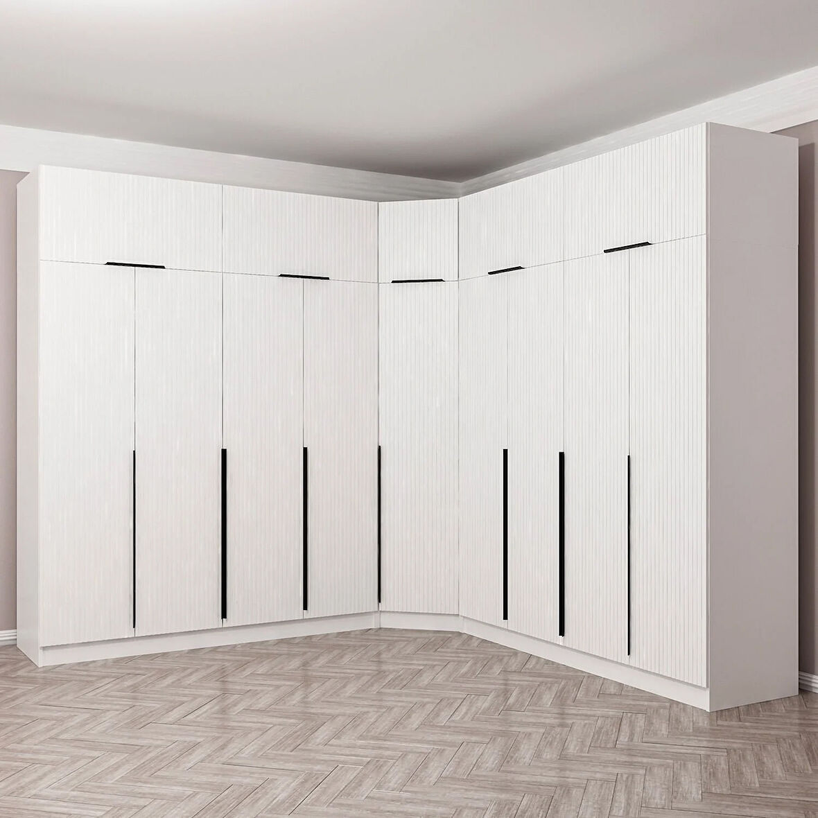 Kaleplus 9 Kapaklı 4 Çekmeceli Köşe Dolap + Yüklük Beyaz Mebran Beyaz Çizgili 255CM