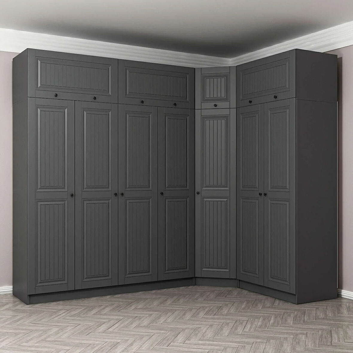 Kale 7 Kapaklı 2 Çekmeceli Köşe Dolap + Yüklük Antrasit Mebran İlkbahar 255CM