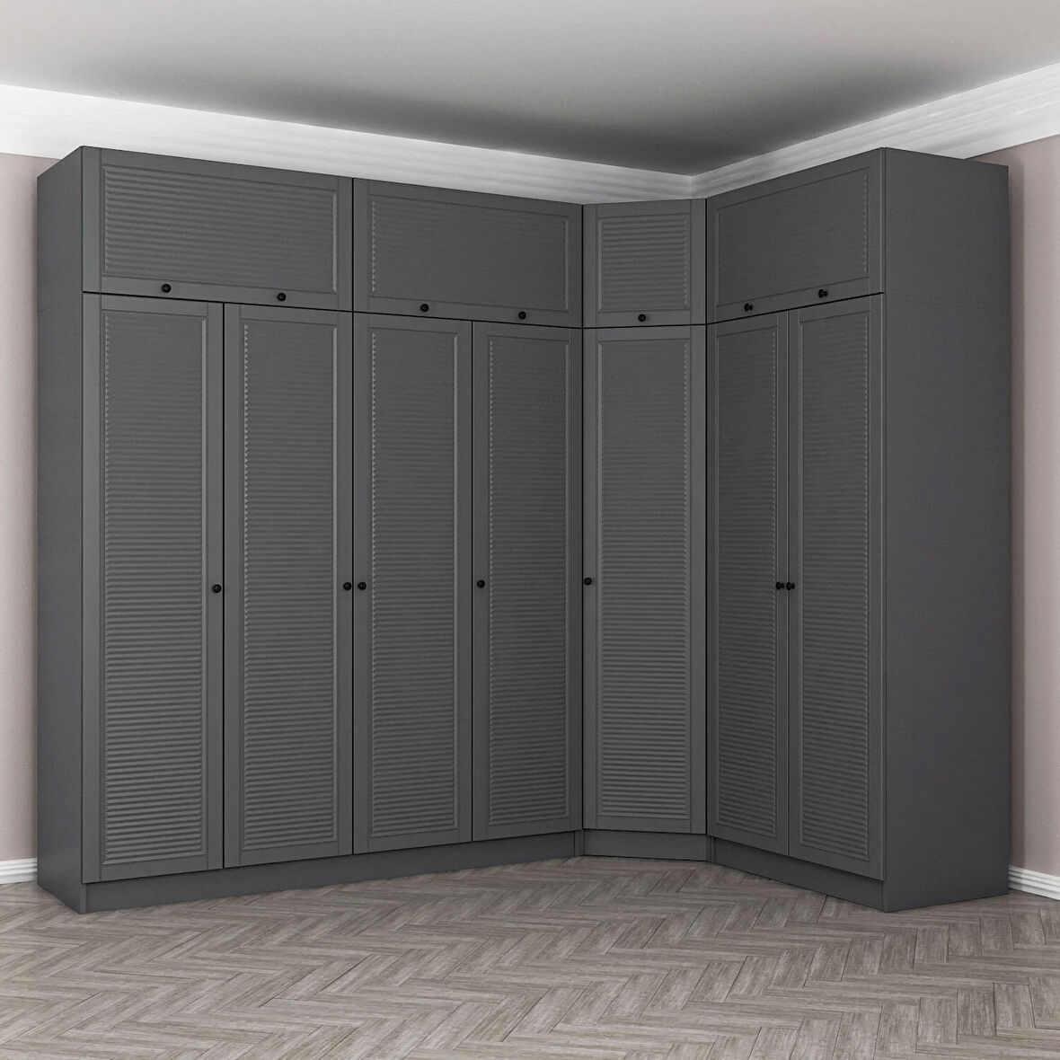 Kale 7 Kapaklı 2 Çekmeceli Köşe Dolap + Yüklük Antrasit Mebran Panjur 255CM