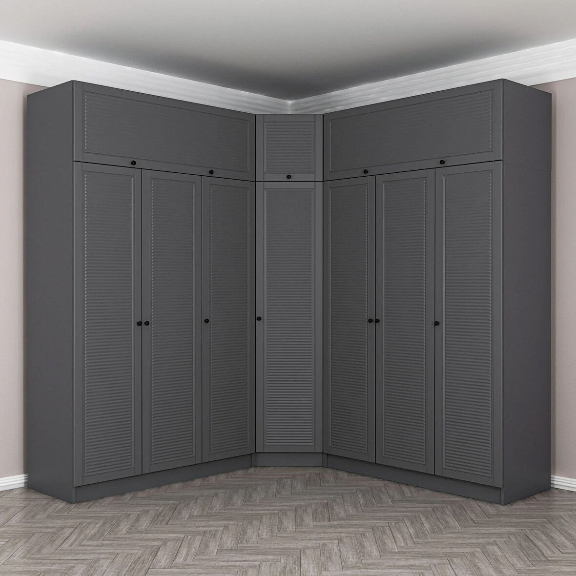 Kale 7 Kapaklı 4 Çekmeceli Köşe Dolap + Yüklük Antrasit Mebran Panjur 255CM