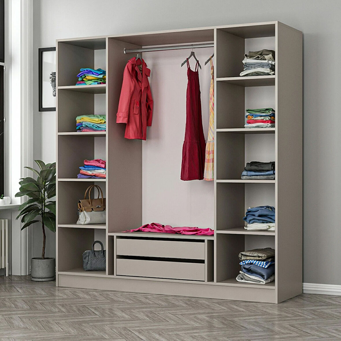 Kale 4 Bölmeli 2 Çekmeceli Giyinme Dolabı Kumtaşı 190CM