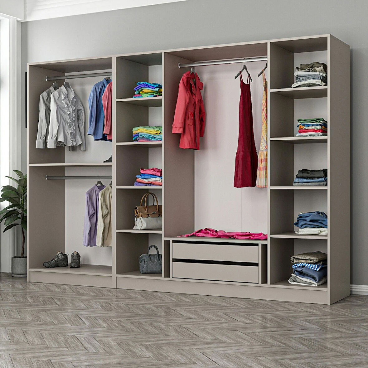 Kale 6 Bölmeli 2 Çekmeceli Giyinme Dolabı Kumtaşı 210CM