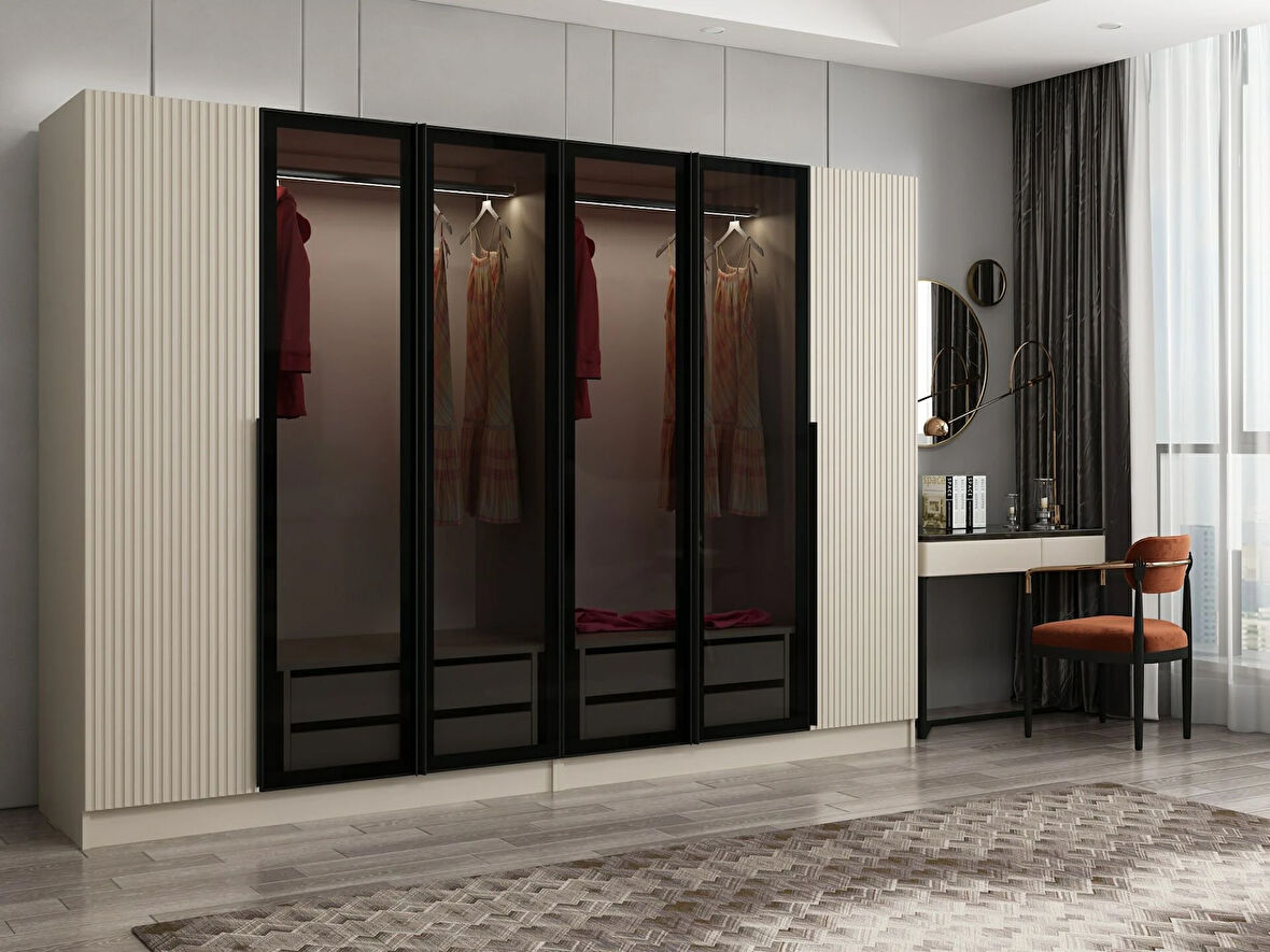 Kale Plus 6 Mebran Kapaklı 4 Çekmeceli Dolap Kumtaşı Mebran Füme Cam 190CM