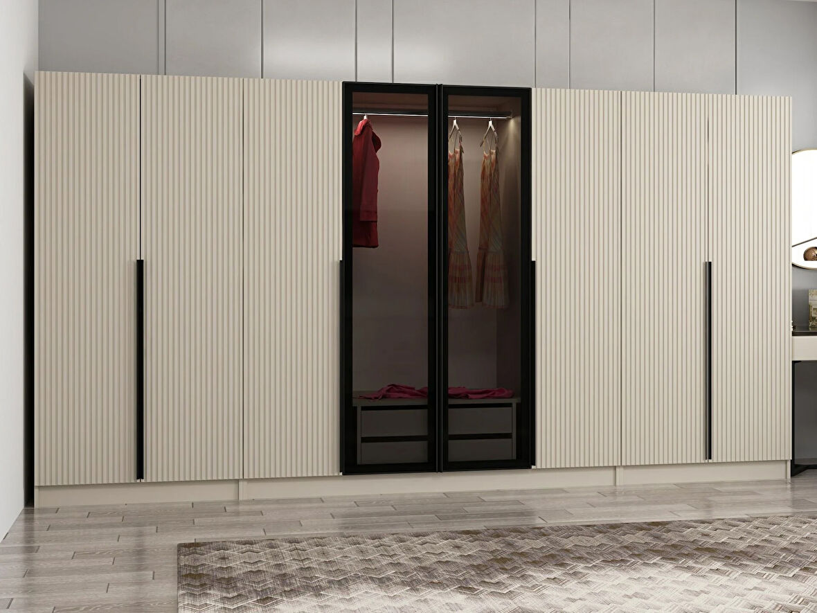 Kale Plus 8 Mebran Kapaklı 2 Çekmeceli Dolap Kumtaşı Mebran Füme Cam 190CM