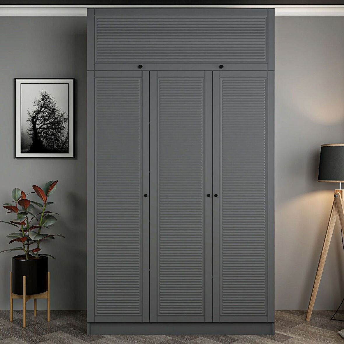 Kale 3 Mebran Panjur Kapaklı 2 Çekmeceli Dolap Ve Yüklük Antrasit 235CM