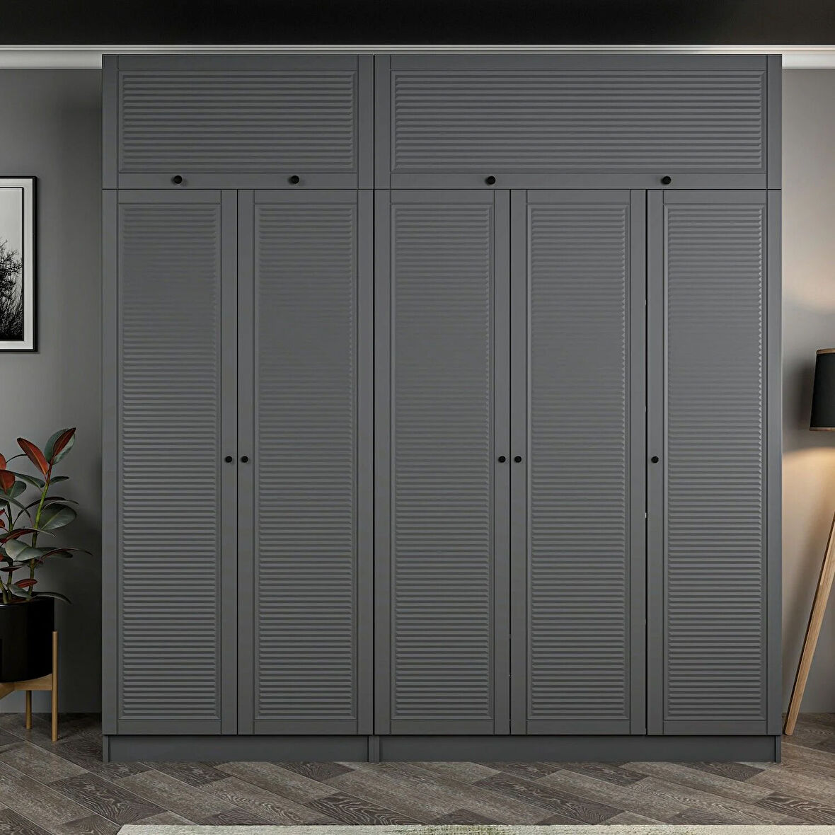 Kale 5 Mebran Panjur Kapaklı 2 Çekmeceli Dolap Ve Yüklük Antrasit 235CM