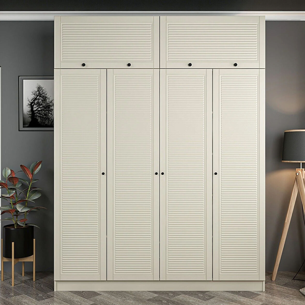 Kale 4 Mebran Panjur Kapaklı 2 Çekmeceli Dolap Ve Yüklük Kumtaşı 235CM