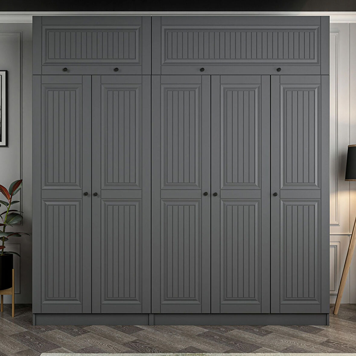 Kale 5 Kapaklı 2 İç Çekmeceli Dolap Ve Yüklük Antrasit Mebran İlkbahar 235CM