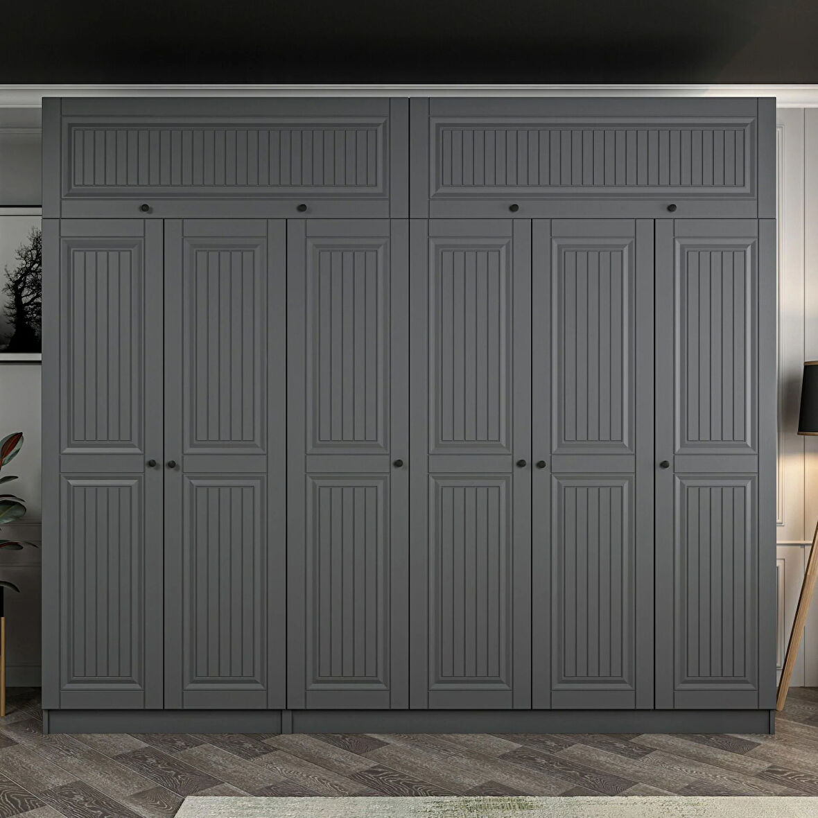 Kale 6 Kapaklı 2 İç Çekmeceli Dolap Ve Yüklük Antrasit Mebran İlkbahar 235CM