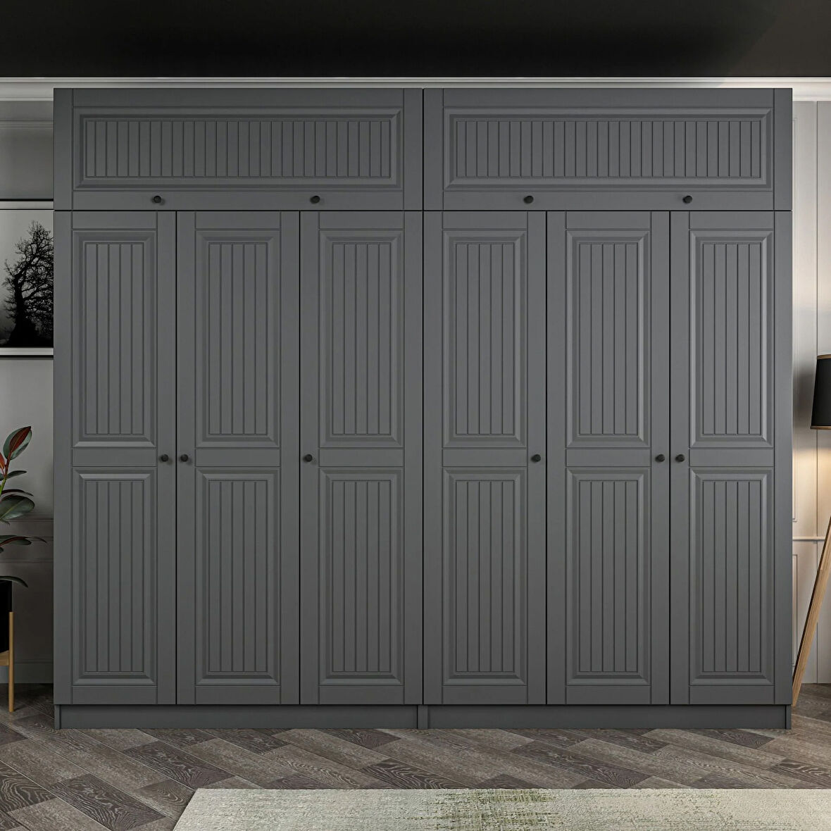 Kale 6 Kapaklı 4 İç Çekmeceli Dolap Ve Yüklük Antrasit Mebran İlkbahar 235CM