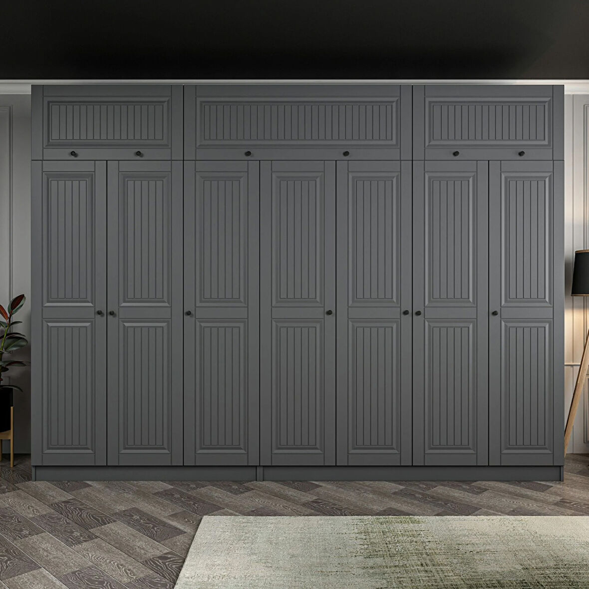 Kale 7 Kapaklı 4 İç Çekmeceli Dolap Ve Yüklük Antrasit Mebran İlkbahar 235CM