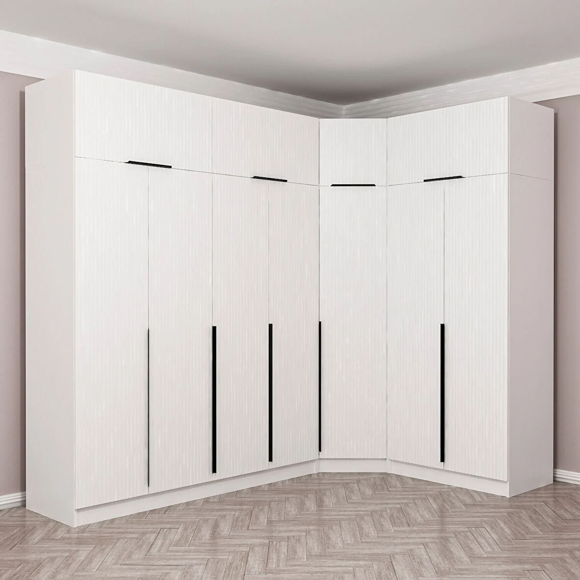 Kaleplus 7 Kapaklı 2 Çekmeceli Köşe Dolap + Yüklük Beyaz Mebran Beyaz Çizgili 235CM