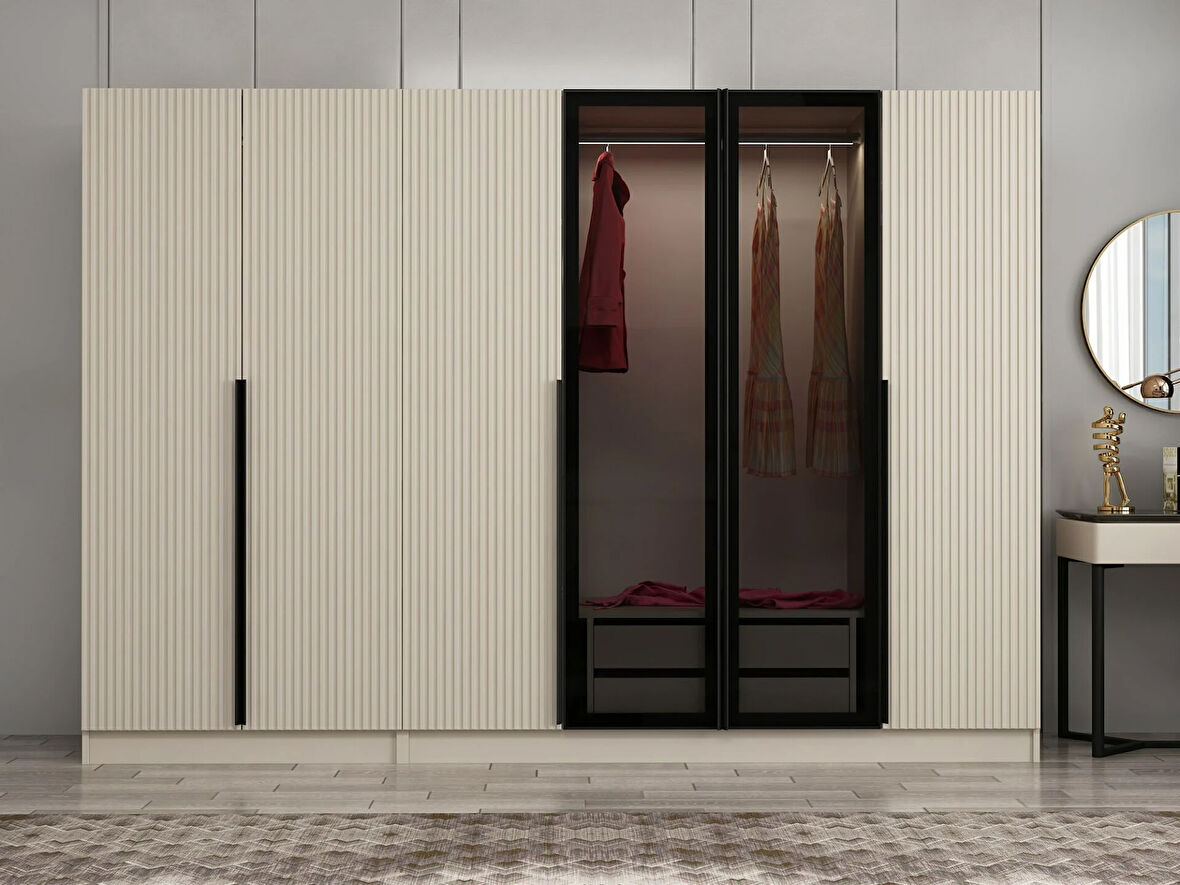 Kale Plus 6 Mebran Kapaklı 2 Çekmeceli Dolap Kumtaşı Mebran Füme Cam 210CM