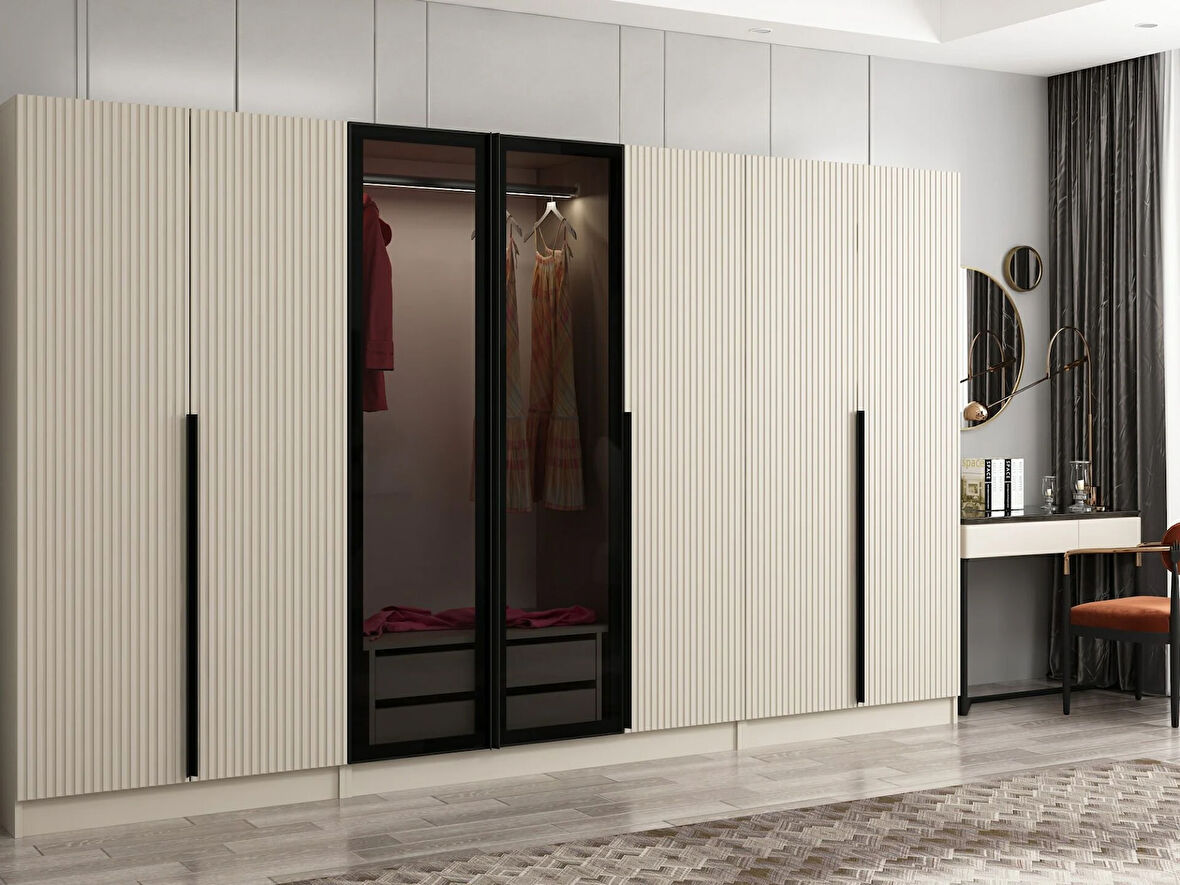 Kale Plus 7 Mebran Kapaklı 2 Çekmeceli Dolap Kumtaşı Mebran Füme Cam 210CM