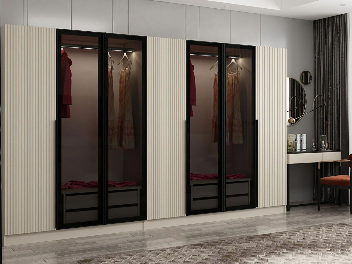 Kale Plus 7 Mebran Kapaklı 4 Çekmeceli Dolap Kumtaşı Mebran Füme Cam 210CM