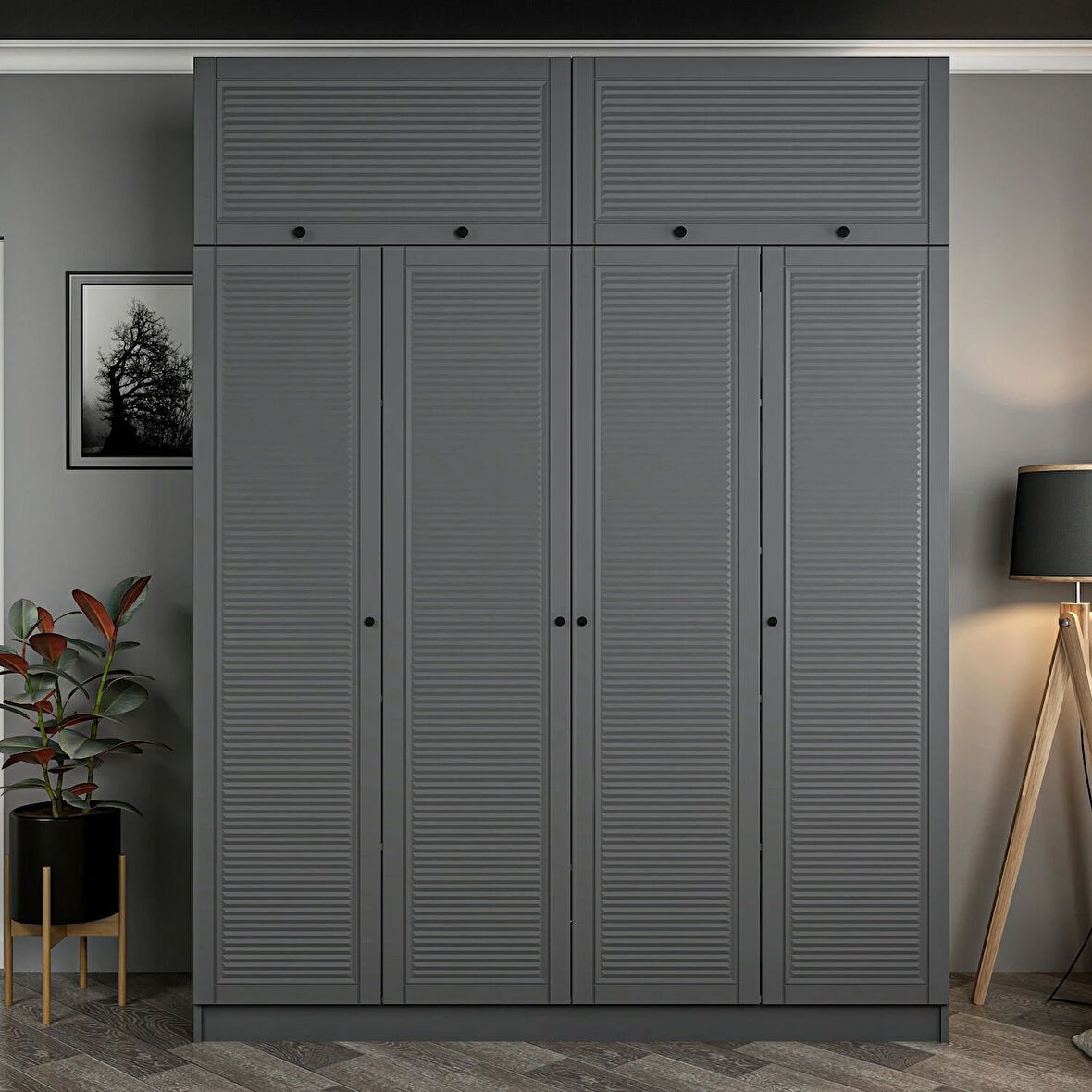 Kale 4 Mebran Panjur Kapaklı 2 Çekmeceli Dolap Ve Yüklük Antrasit 255CM