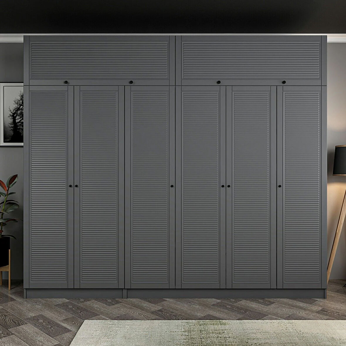 Kale 6 Mebran Panjur Kapaklı 2 Çekmeceli Dolap Ve Yüklük Antrasit 255CM