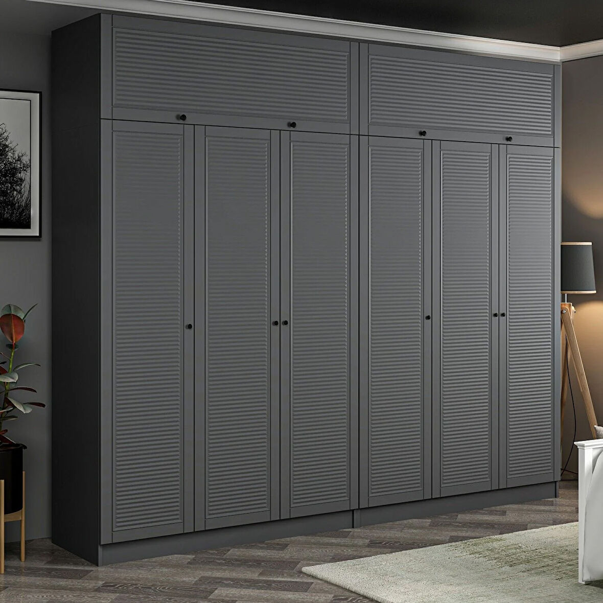 Kale 6 Mebran Panjur Kapaklı 4 Çekmeceli Dolap Ve Yüklük Antrasit 255CM