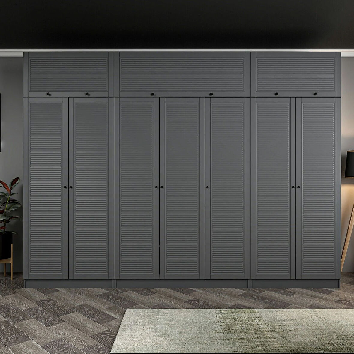 Kale 7 Mebran Panjur Kapaklı 2 Çekmeceli Dolap Ve Yüklük Antrasit 255CM