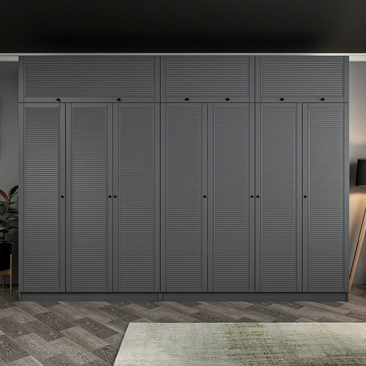 Kale 7 Mebran Panjur Kapaklı 4 Çekmeceli Dolap Ve Yüklük Antrasit 255CM