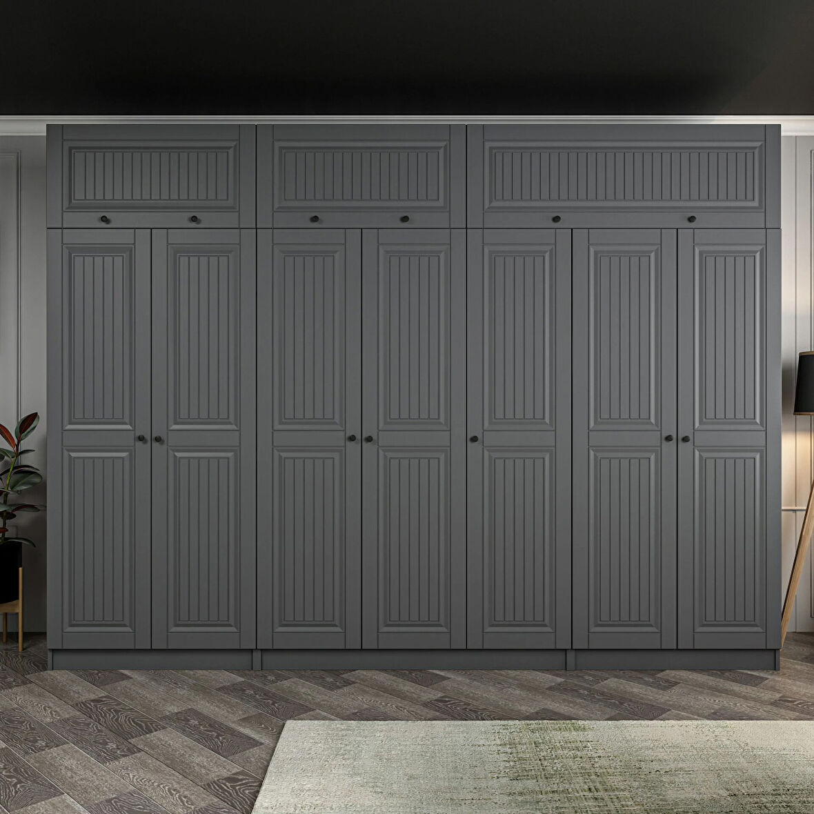 Kale 7 Kapaklı 2 İç Çekmeceli Dolap Ve Yüklük Antrasit Mebran İlkbahar 255CM