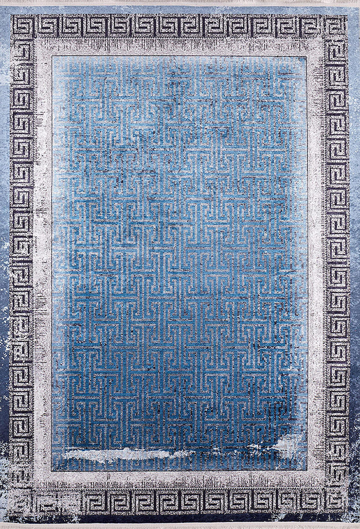 Modern Mavi Çerçeveli Dijital Baskı Hipoalerjenik Kaymaz Taban Halı Yolluk HA185 