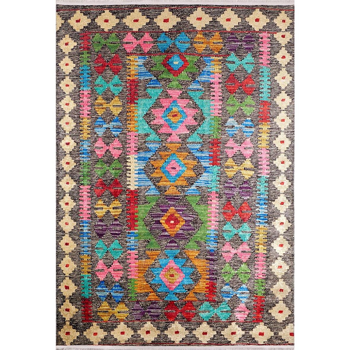 Klasik Kahve Renkli Salon&Oturma Odası Yolluk&Yatak Odası Dijital Baskılı Makinede Yıkanabilir Kaymaz Taban Saçaklı Halı HK060