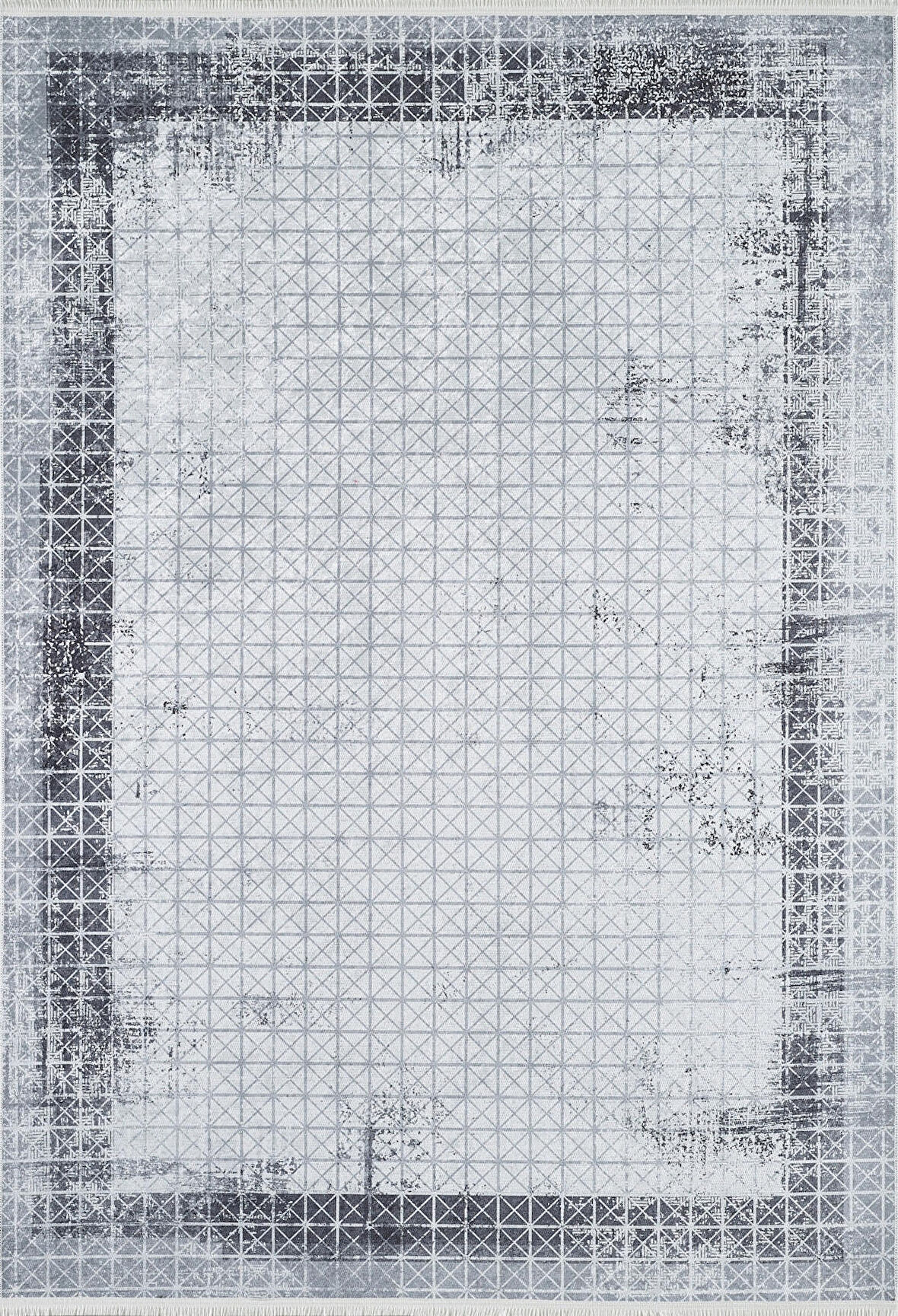  HA469 Halı Atölyesi Gri Salon&Yolluk Dijital Baskılı Makinede Yıkanabilir Kaymaz Taban Saçaklı Halı