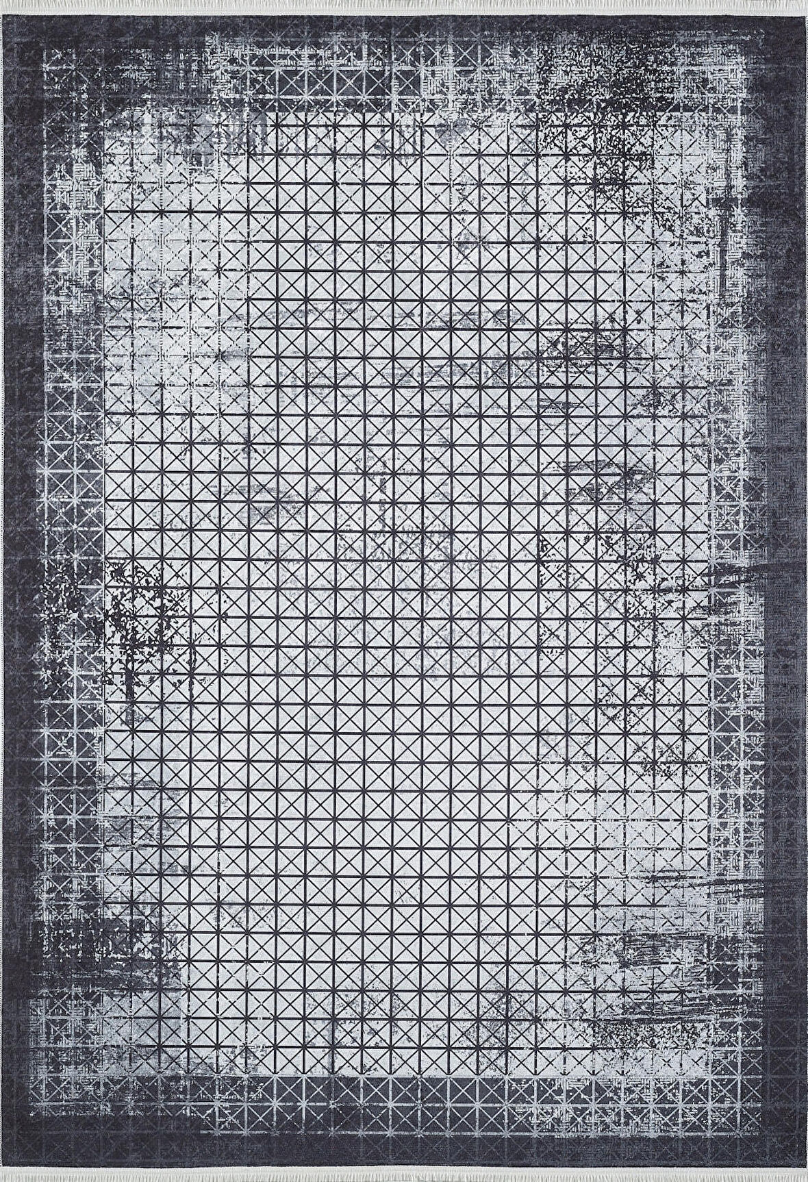 Halı Atölyesi Gri Salon&Yolluk Dijital Baskılı Makinede Yıkanabilir Kaymaz Taban Saçaklı Halı HA467  